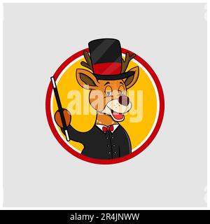 Deer Head Circle Label With Stick and Magician Custom , Yellow Colors Background, Mascot, Icon, Character or Logo, Vector and Illustration. Stock Vector