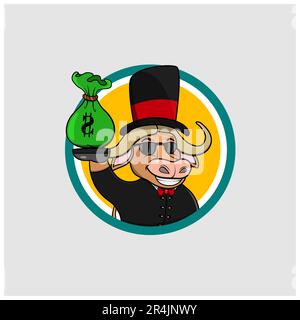 Rich Cartoon Buffalo Head Circle Label With Bring Money, Yellow Colors Background, Cartoon, Mascot, Animals, Character, Vector and Illustration. Stock Vector