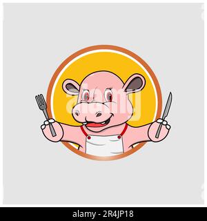 Hippopotamus Head Circle Label With Knife and Fork, Yellow Colors Background, Mascot, Icon, Character or Logo, Vector and Illustration. Stock Vector