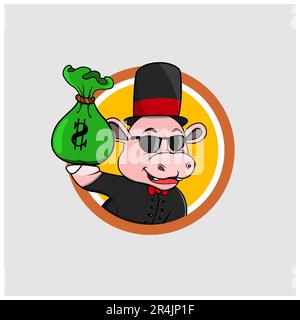 Rich Cartoon Hippopotamus  Head Circle Label With Bring Money, Yellow Colors Background, Cartoon, Mascot, Animals, Character, Vector and Illustration. Stock Vector