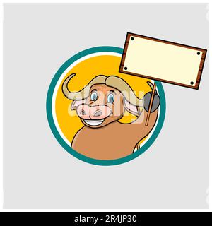 Buffalo Head Circle Label Bring Blank Sign Wood, Yellow Colors Background, Mascot, Icon, Character or Logo, Vector and Illustration. Stock Vector