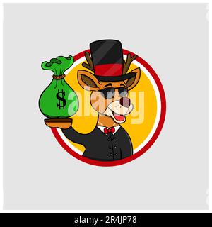 Rich Cartoon Deer Head Circle Label With Bring Money, Yellow Colors Background, Cartoon, Mascot, Animals, Character, Vector and Illustration. Stock Vector