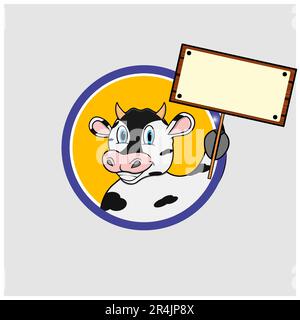 Cow Head Circle Label With Bring Blank Wood Sign, Yellow Colors Background, Mascot, Icon, Character or Logo, Vector and Illustration. Stock Vector