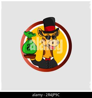 Rich Cartoon Giraffe Head Circle Label With Bring Money, Yellow Colors Background, Cartoon, Mascot, Animals, Character, Vector and Illustration. Stock Vector