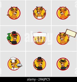 Cute Deer Head Circle Label set, Yellow Colors Background, Cartoon, Mascot, Animals, Character, Vector and Illustration. Stock Vector