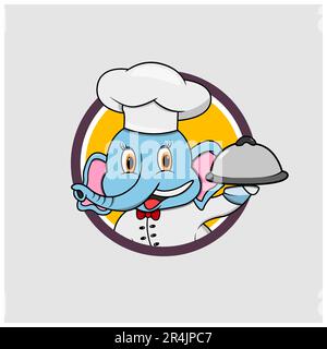 Elephant Head Circle Label Bring Food and Wear Chef Custom , Yellow Colors Background, Mascot, Icon, Character or Logo, Vector and Illustration. Stock Vector