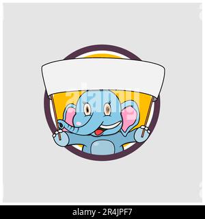 Elephant Head Circle Label Bring Big Blank White Banner, Yellow Colors Background, Mascot, Icon, Character or Logo, Vector and Illustration. Stock Vector