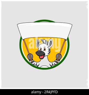 Zebra Head Circle Label With Big White Blank Sign Banner, Yellow Colors Background, Mascot, Icon, Character or Logo, Vector and Illustration. Stock Vector