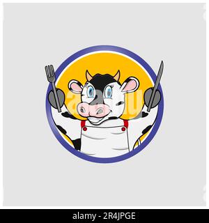 Cow Head Circle Label With Bring Fork and Knife, Yellow Colors Background, Mascot, Icon, Character or Logo, Vector and Illustration. Stock Vector