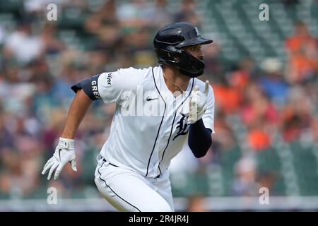 Detroit Tigers' Riley Greene bats against the Texas Rangers in the first  inning of a baseball game in Detroit, Sunday, June 19, 2022. (AP Photo/Paul  Sancya Stock Photo - Alamy