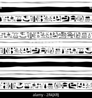 Black white hand-drawn seamless pattern border with symbols similar to Egyptian Stock Vector