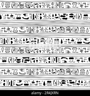 Line border abstract black white egyptian seamless modern pattern with fish, waves, face and other symbols like hieroglyphs Stock Vector