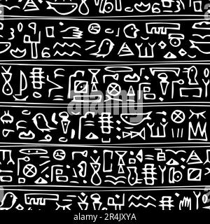 Hand-drawn hieroglyphs ancient white modern seamless pattern with line symbols of whales birds and abstract signs similar to Egyptian on black Stock Vector