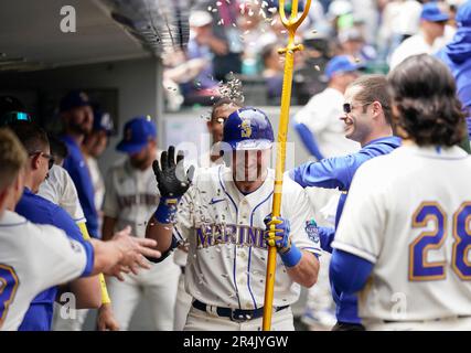 Seattle Mariners' Julio Rodriguez holds a trident in the dugout after  hitting a home run against the Oakland Athletics in a baseball game Monday,  Aug. 28, 2023, in Seattle. (AP Photo/Lindsey Wasson Stock Photo - Alamy