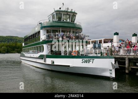 A view of the MV Swift passenger vessel at the jetty, Bowness-on-Windermere, Cumbria, United Kingdom, Europe Stock Photo