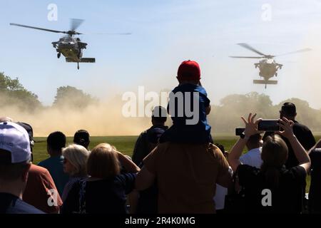 New York (May 27, 2023) – U.S. Navy MH-60S Seahawk helicopters land in Eisenhower Park, New York, as part of a static display during Fleet Week New York (FWNY), May 27, 2023. FWNY 2023 provides an opportunity for the American public to meet Marines, Sailors, and Coast Guardsmen and see first-hand the latest capabilities of today’s maritime services. (U.S. Marine Corps photo by Sgt. Juan Carpanzano) Stock Photo