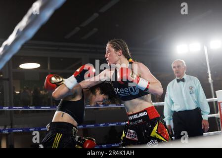 Torhout, Belgium. 28th May, 2023. Illustration picture shows the fight between Belgian Delfine Persoon and Korean Bo Mi Re Shin, for the WBC Silver Super Feather title women title, Sunday 28 May 2023, in Torhout. BELGA PHOTO KURT DESPLENTER Credit: Belga News Agency/Alamy Live News Stock Photo