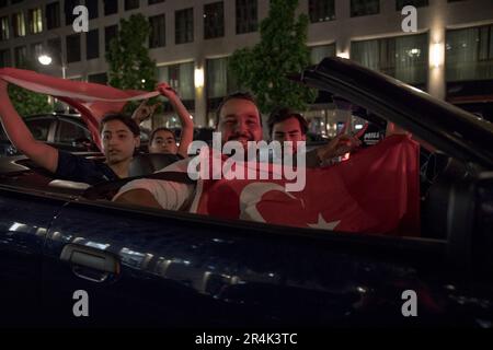 May 28, 2023, Berlin, Germany: On May 28, 2023, Turkish people in Germany celebrated as Recep Tayyip Erdogan won Turkey's presidential election, extending his rule into a third decade. They proudly displayed flags and banners to commemorate this momentous occasion. The streets of Berlin, particularly Kurfuerstendamm and Budapester Strasse, were filled with jubilant Turkish residents, who took to the streets on foot and in their cars to celebrate this significant event. Credit: ZUMA Press, Inc./Alamy Live News Stock Photo