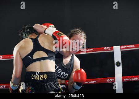 Torhout, Belgium. 29th May, 2023. Belgian Delfine Persoon pictured in action during the fight between Belgian Delfine Persoon and Korean Bo Mi Re Shin, for the WBC Silver Super Feather title women title, Sunday 28 May 2023, in Torhout. BELGA PHOTO KURT DESPLENTER Credit: Belga News Agency/Alamy Live News Stock Photo