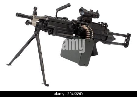 M249 'Para' light machine gun SAW - Squad Automatic Weapon, widely used in the U.S. Armed Forces. Isolated on white background. Stock Photo