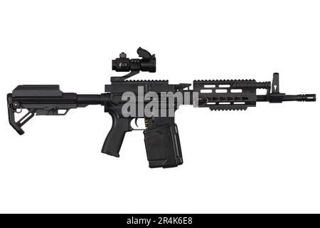 Machinegun from carbine with belt-fed upper receiver that convert AR-15 or M16 from a standard, magazine rifle to light machine gun. Isolated on a whi Stock Photo