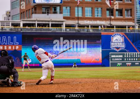 Durham, NC, USA. 28th May, 2023. Clemson Tigers infielder Riley Bertram (6) hits a homer against the Miami (Fl) Hurricanes in the 2023 ACC Baseball Championship matchup at Durham Bulls Athletic Park in Durham, NC. (Scott Kinser). Credit: csm/Alamy Live News Stock Photo