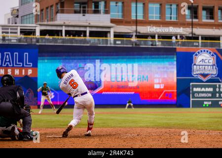 Durham, NC, USA. 28th May, 2023. Clemson Tigers infielder Riley Bertram (6) hits a homer against the Miami (Fl) Hurricanes in the 2023 ACC Baseball Championship matchup at Durham Bulls Athletic Park in Durham, NC. (Scott Kinser). Credit: csm/Alamy Live News Stock Photo