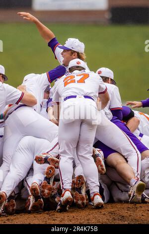 Durham, NC, USA. 28th May, 2023. Clemson Tigers pitcher Willie Weiss (20) dives on to a pile after winning the 2023 ACC Baseball Championship against the Miami (Fl) Hurricanes at Durham Bulls Athletic Park in Durham, NC. (Scott Kinser)(Credit Image: © Scott Kinser/Cal Sport Media). Credit: csm/Alamy Live News Stock Photo