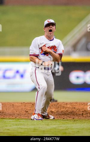 Durham, NC, USA. 28th May, 2023. Clemson Tigers pitcher Ryan Ammons (21) celebrates winning the 2023 ACC Baseball Championship against the Miami (Fl) Hurricanes at Durham Bulls Athletic Park in Durham, NC. (Scott Kinser). Credit: csm/Alamy Live News Stock Photo