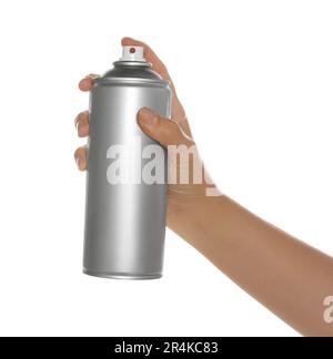 Woman holding can of spray paint on white background, closeup Stock Photo