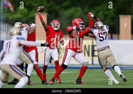 CANTON OH MAY 28 New Jersey Generals quarterback De Andre Johnson 1 passes the ball during a USFL game against the Michigan Panthers on May 28 2023 at Tom Benson Hall of