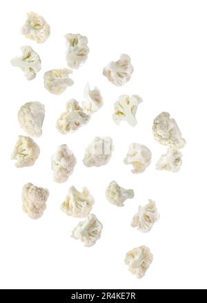 Many fresh cauliflower florets falling on white background Stock Photo