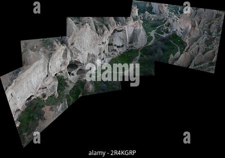 Aerial composite panorama view of the Zelve Valley Open Air Museum, Capadoccia, Turkey Stock Photo