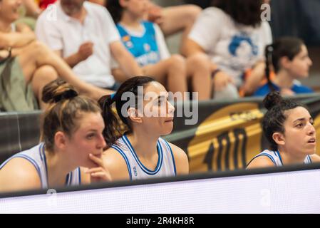 Vigo, Spain. May 25th, 2023. Close-up view of three of the Italian team's players on the bench. Credit: xan Gasalla / Alamy Live News. Stock Photo