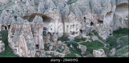 Aerial panorama of the Zelve Valley Open Air Museum, Capadoccia, Turkey of the Zelve Valley Open Air Museum, Capadoccia, Turkey Stock Photo