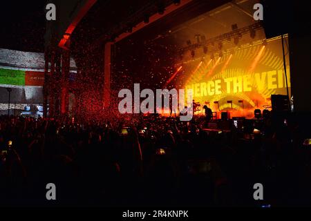 BOCA RATON - MAY 27: Loniel Robinson, Jaime Preciado, Tony Perry and Vic Fuentes of Pierce the Veil perform during The Creative Control Tour performs at The Mizner Park Amphitheatre on May 27, 2023 in Boca Raton, Florida. Credit: MPI04 / MediaPunch Stock Photo