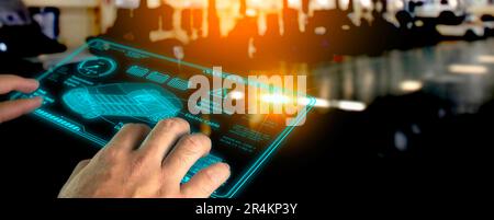 Mechanic man using EV electric vehicle analysis display screen in electric car factory, EV electric vehicle technology concept Stock Photo