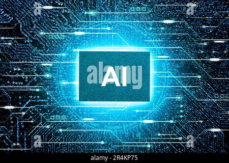 AI artificial intelligence concept, Close up of microprocessor glowing on mainboard electronic computer background, Futuristic innovative technologies Stock Photo