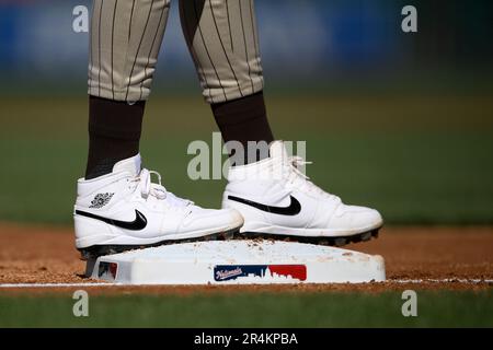 The shoes of San Diego Padres' Fernando Tatis Jr. are seen as he
