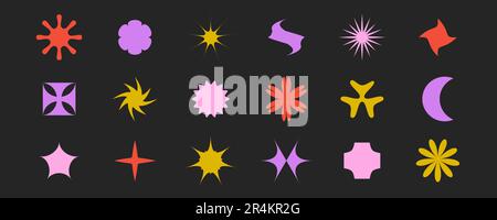 Abstract star, flower, sunburst, cross shapes collection. Primitive geometric forms set in Swiss, bauhaus or Memphis style. Brutalist elements pack for poster, banner, collage. Vector signs bundle.  Stock Vector