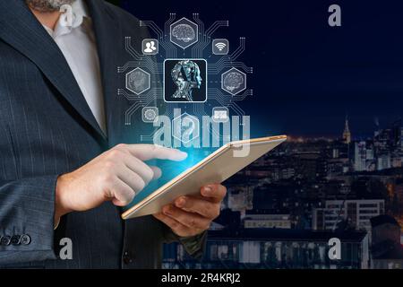 Artificial intelligence, AI chat bot concept. Businessman hands using tablet. ai chatbot infographic Stock Photo