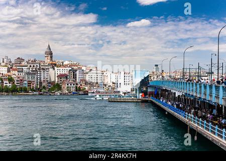 Galata bridge and Golden horn, Distant view of Galata area, european side, Istanbul, Turkey Stock Photo