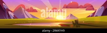 Cartoon sunrise above lake in mountain valley. Vector illustration of beautiful natural landscape with high rocks, green field, morning sunlight sparkling on water surface. Travel banner background Stock Vector