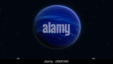 Abstract realistic space spinning planet round sphere with a blue water surface in space against the background of stars. Stock Photo