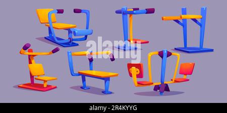 Outdoor gym in park street and exercise equipment vector cartoon illustration set. Fitness playground for outside training to get physical strength. Urban wellness public area clipart collection Stock Vector