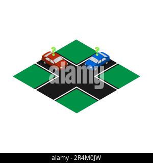 Isometric passenger cars high angle view at crossroads. Passenger transportation and small cargo delivery. Realistic 3D vector isolated on white backg Stock Vector