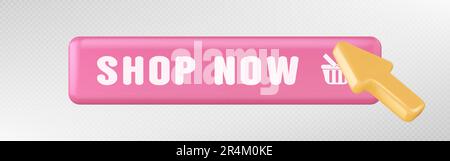 3d click on shop now button in online shop. Web banner for buy and cursor icon. Arrow cursor and button on Internet site isolated on transparent background, vector illustration Stock Vector
