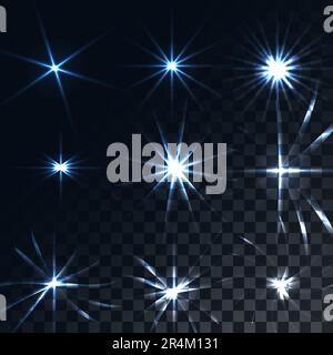 Set of bright luminous blue transparent sunshine, flares, glare of energy rays, stars on a translucent dark and checkered black background from square Stock Vector