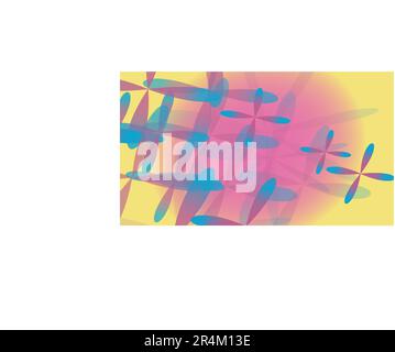 Texture of transparent yellow abstract volumetric fashionable magic of different shapes of light air cosmic four-leafed flowers on a purple background Stock Vector