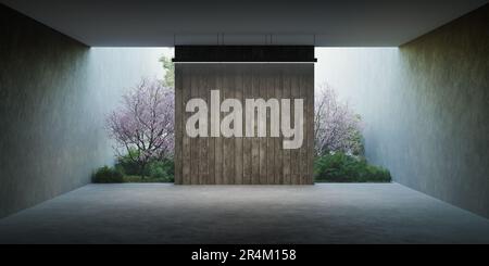 empty old wood plank wall, there is concrete floor, behind the backdrop is a japanese garden with cherry trees in bloom, sunlight shines into the room Stock Photo